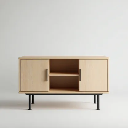 Szafka RTV z płyty MDF i metalu 120x40x80 cm - dąb jasny - do salonu - z półkami i drzwiami - nowoczesny skandynawski design-Vamonoroom