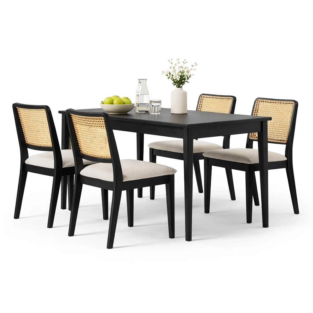 Essgruppe Schwarz Holz Rattan 4 Stuehle-merqona