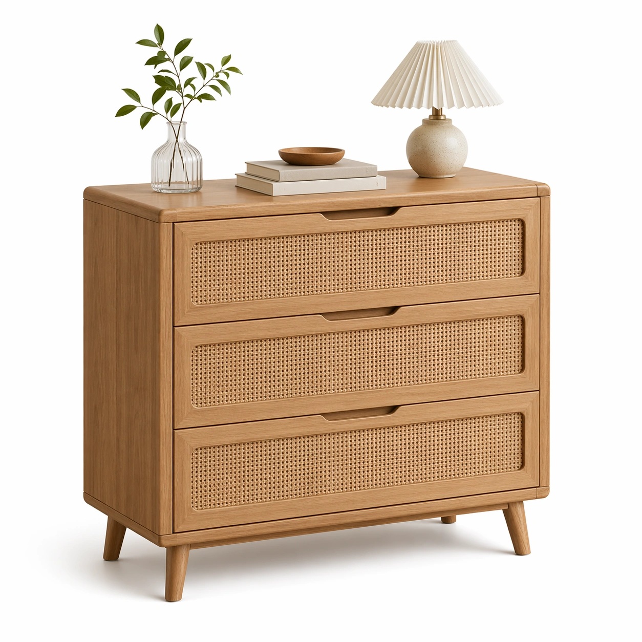 Kommode Hellbraun Holz Rattan 3 Schubladen-merqona