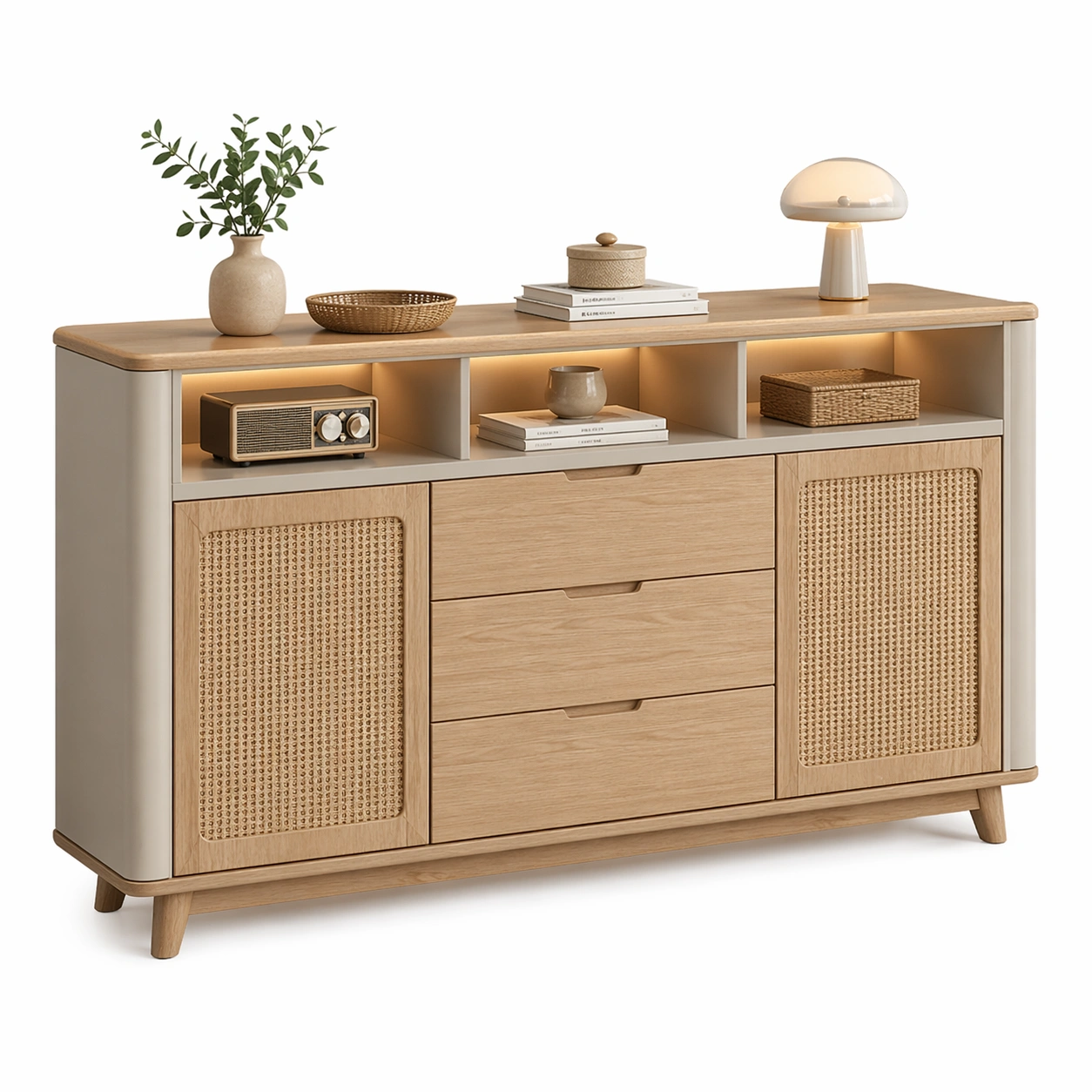 Sideboard Hellbraun Holz Rattan LED-merqona