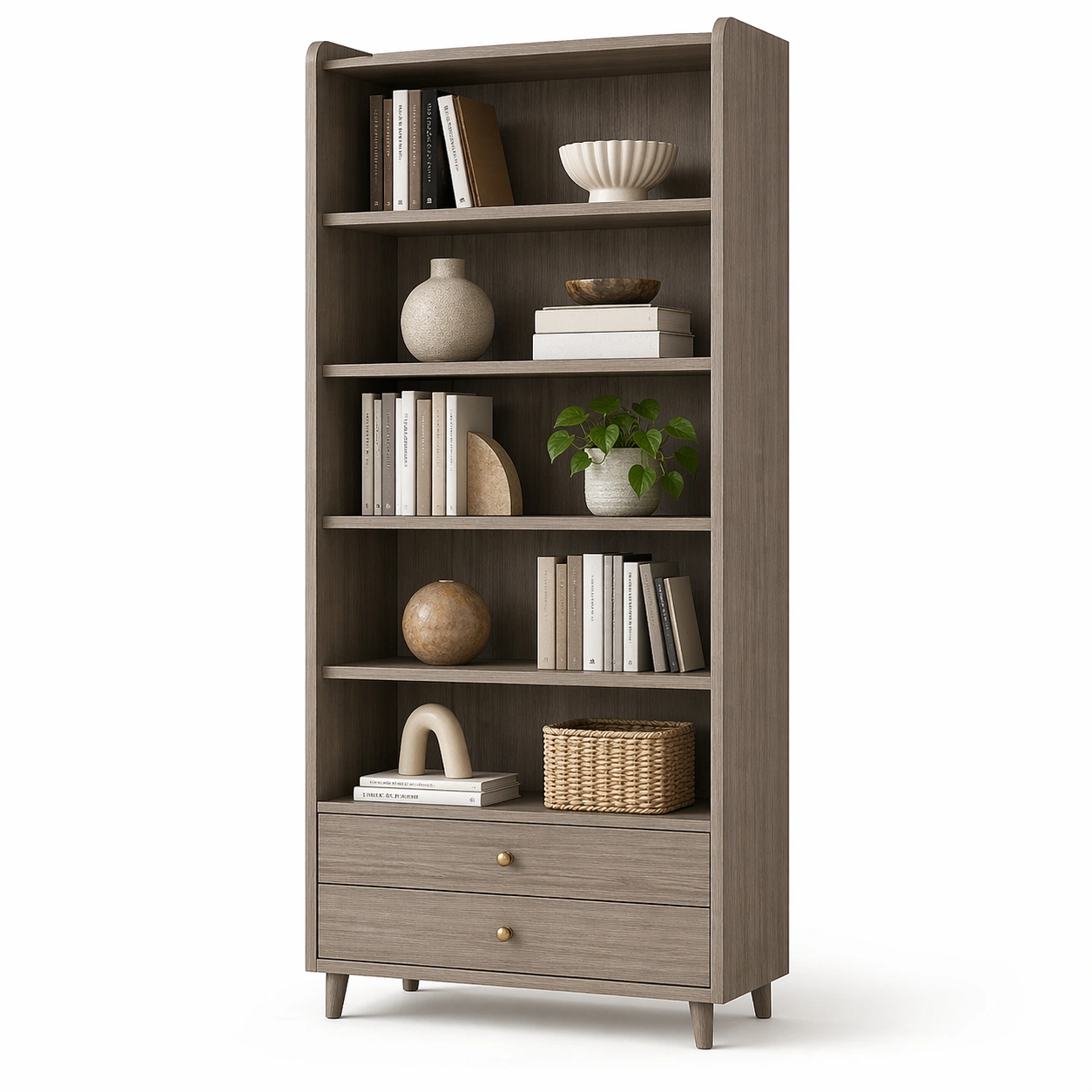 Moderner Buecherschrank Braun Holz mit Schubladen-merqona