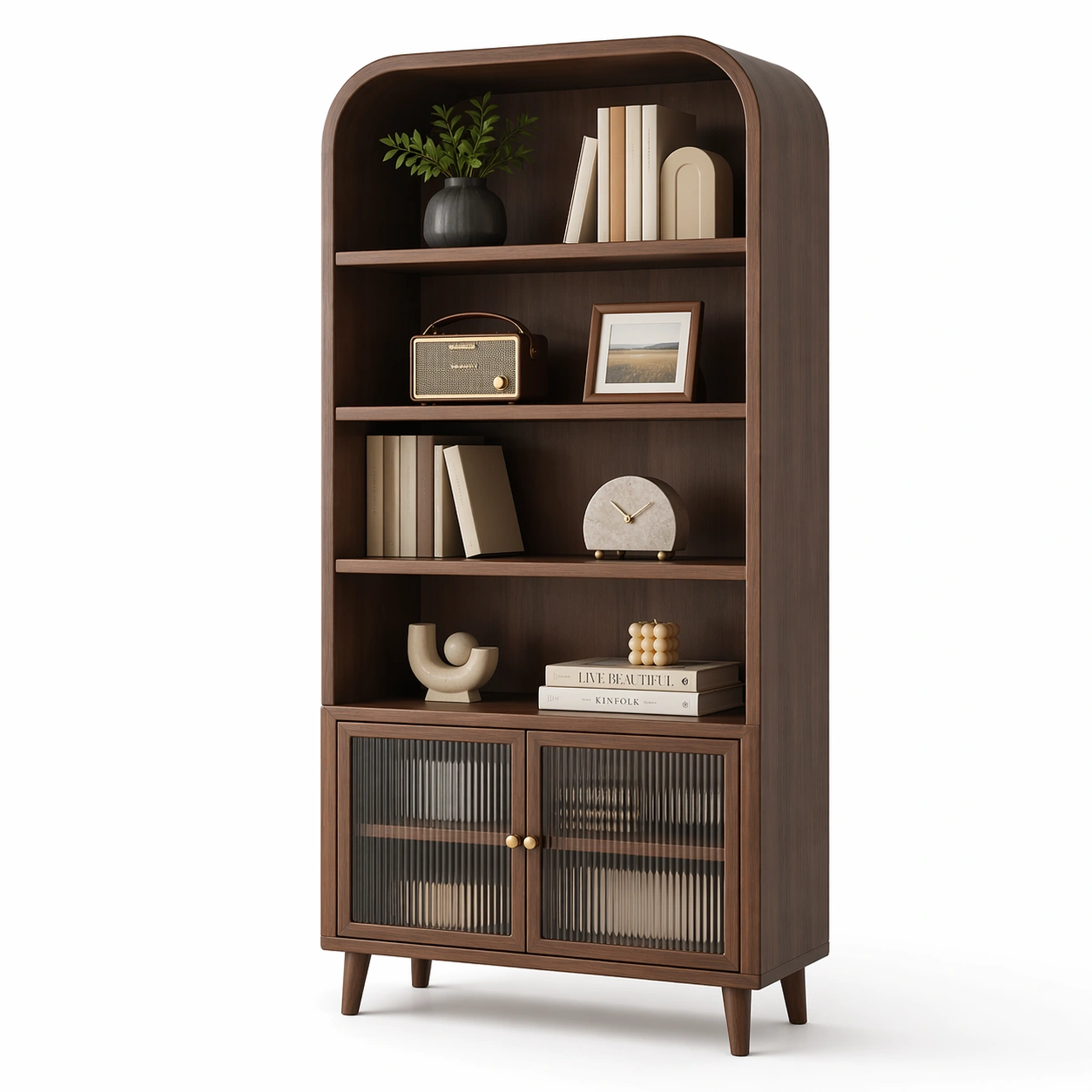 Vintage Buecherschrank Dunkelbraun Holz Glas-merqona