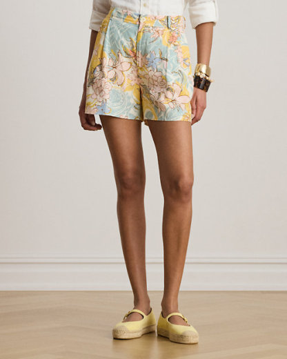 フローラル プリーテッド リネン ショートパンツ
