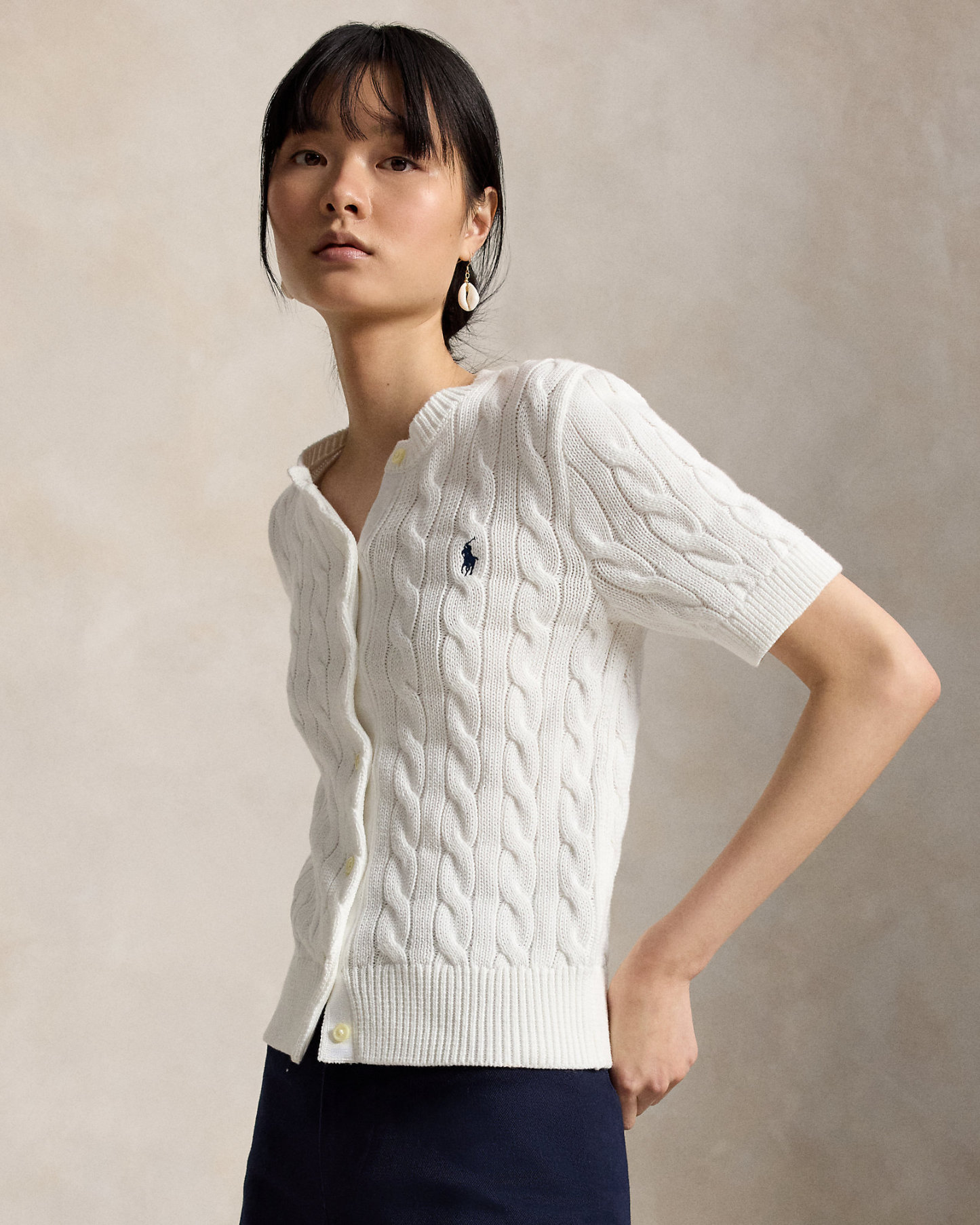ケーブルニット コットン ショートスリーブ カーディガン