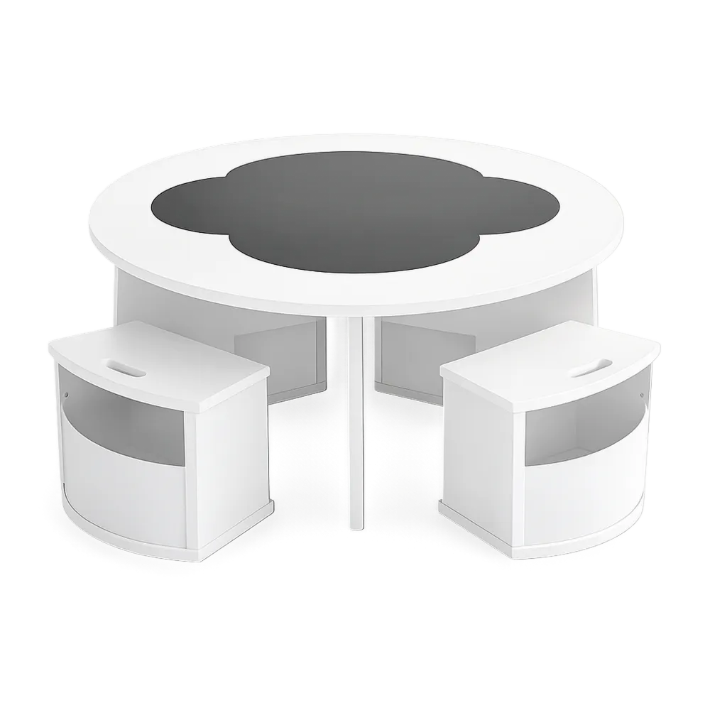 Set Tavolo Rotondo con 4 Sedie Impilabili per Bambini, con Lavagna e Contenitore in Legno, per Disegno e Gioco, 70x70x49cm