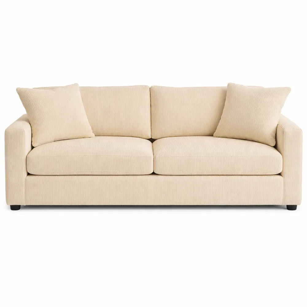 Divano 3 Posti Velluto a Coste con Cuscini e Braccioli, Struttura Acciaio, Bianco Crema