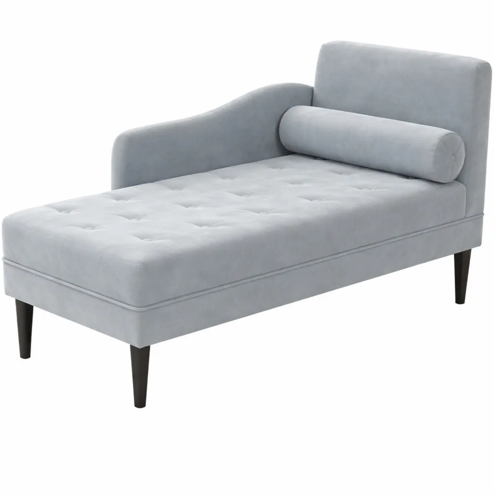 Chaise Longue in Velluto con Cuscino e Bracciolo Sinistro, Divano Imbottito con Gambe in Legno per Soggiorno e Ufficio, Grigio