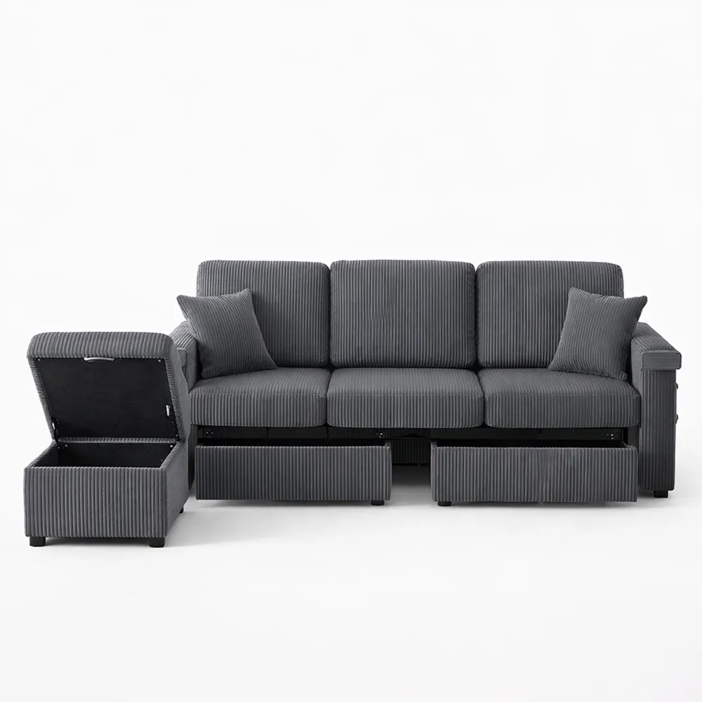 Divano 3 Posti con LED, Porta USB-C e Contenitore