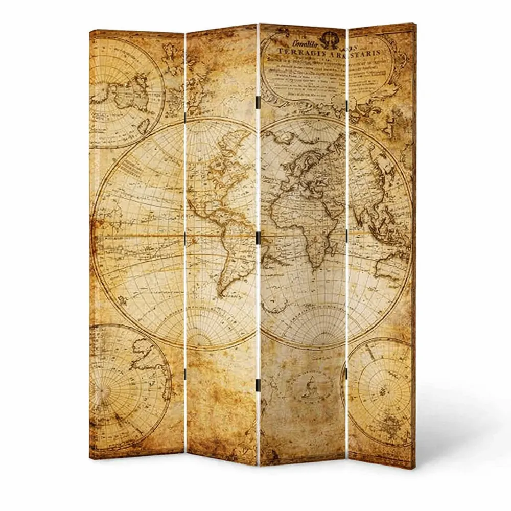 Paravento 3 Pannelli in Legno con Stampa Mappamondo Antico