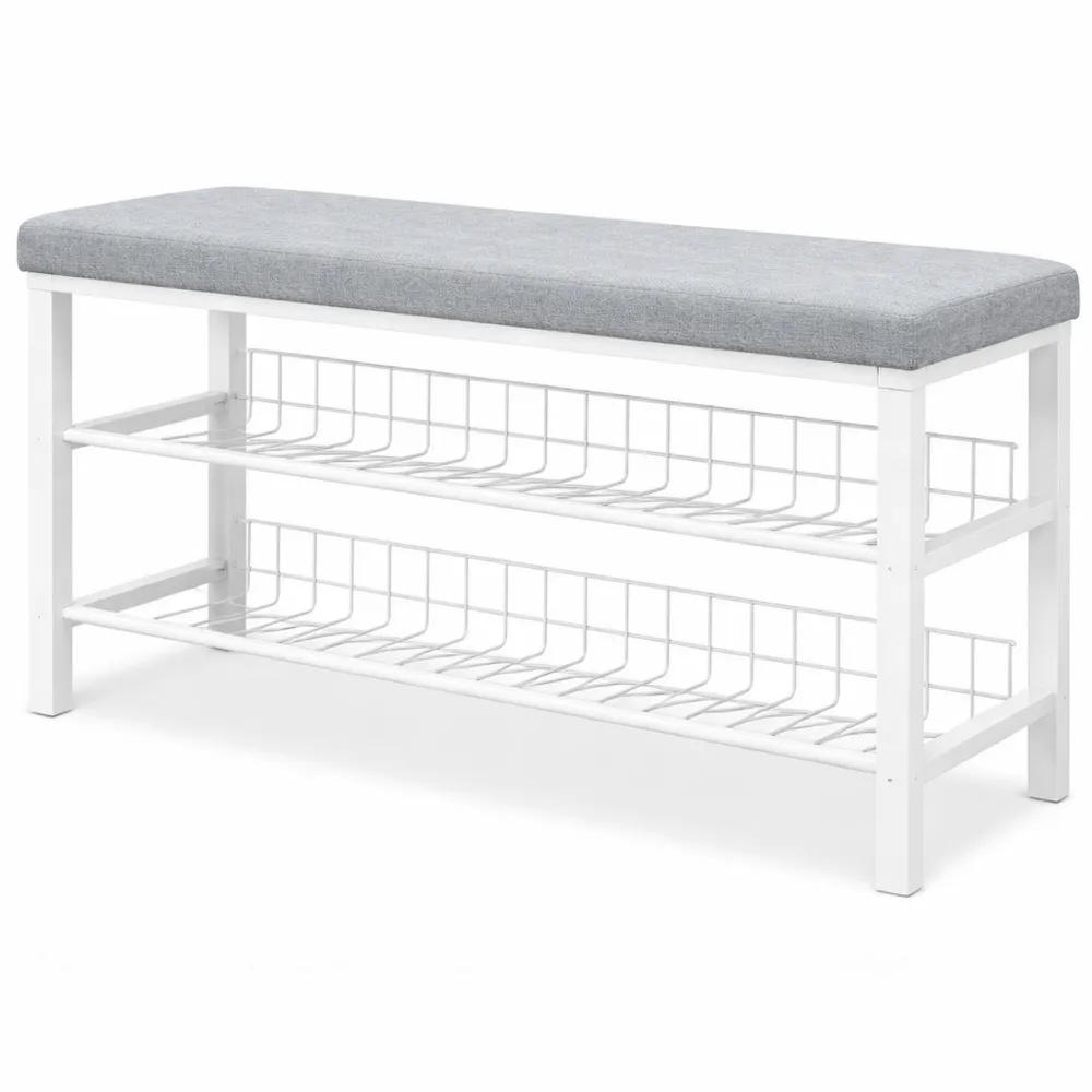 Panca scarpiera ingresso con ripiani portascarpe e cuscino imbottito, bianco grigio