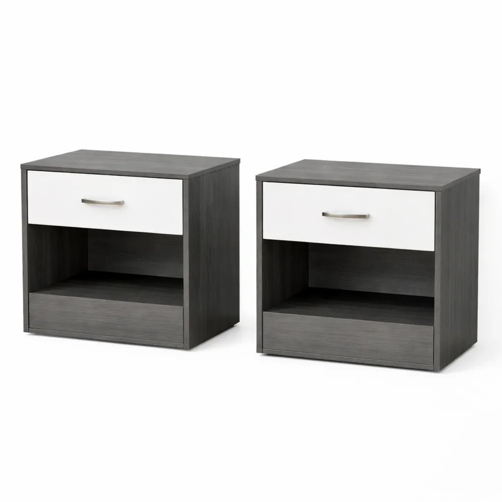 Set di 2 comodini moderni con ripiano e cassetto, 39x28x41 cm, bianco e grigio scuro