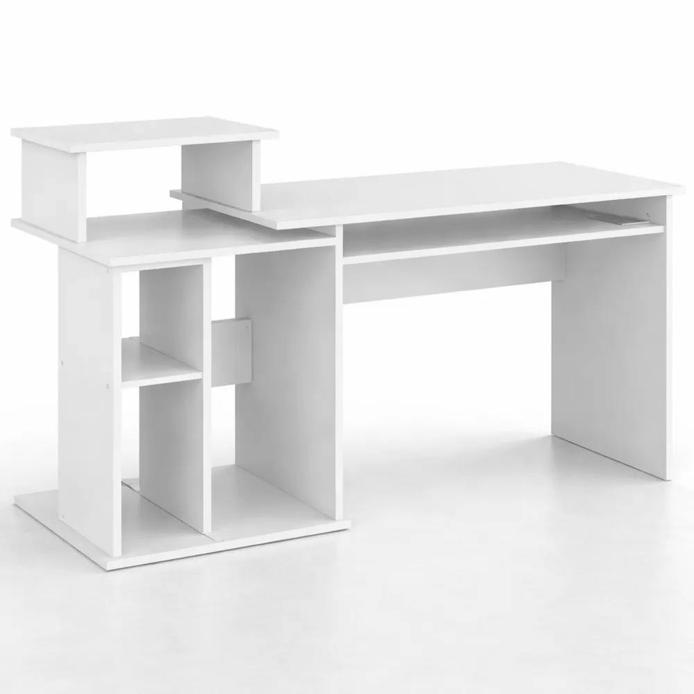 Scrivania per Computer con Tastiera e Scaffale Bianco