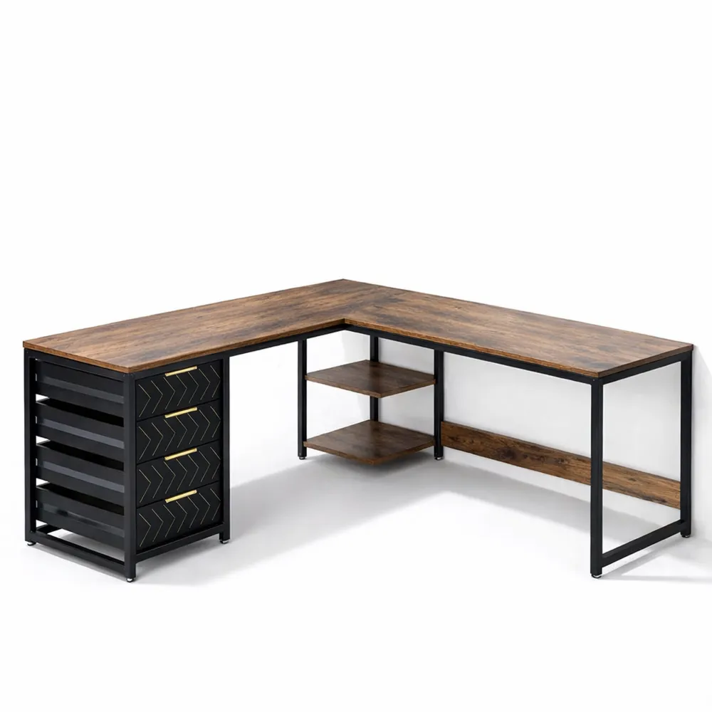 Scrivania Angolare con Ripiani e Cassetti per Ufficio