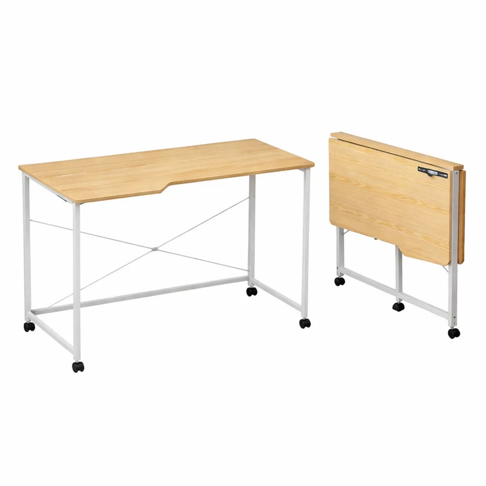 Tavolo Pieghevole con Ruote per Ufficio e Casa, 90x56x75cm Beige