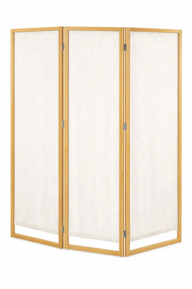 Paravento a 3 Ante Pieghevole in Bambù e Stoffa, 170x120 cm, Naturale