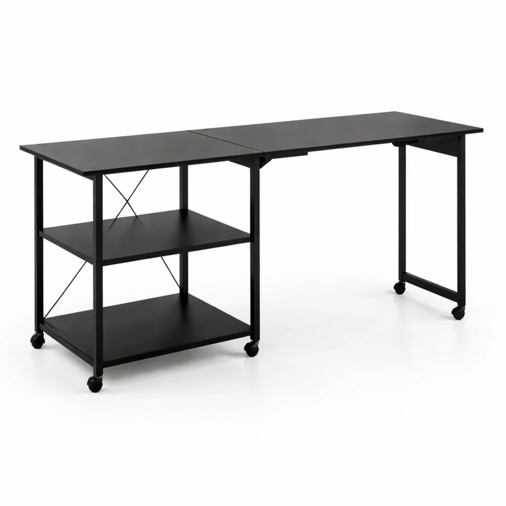 Scrivania Pieghevole per Computer con Mensole e Ruote