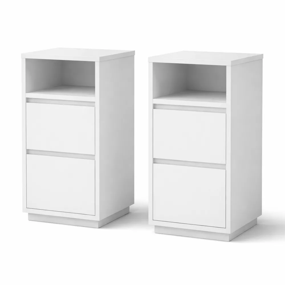 Set di 2 comodini moderni con cassetti e ripiano aperto, salvaspazio, per camera e soggiorno