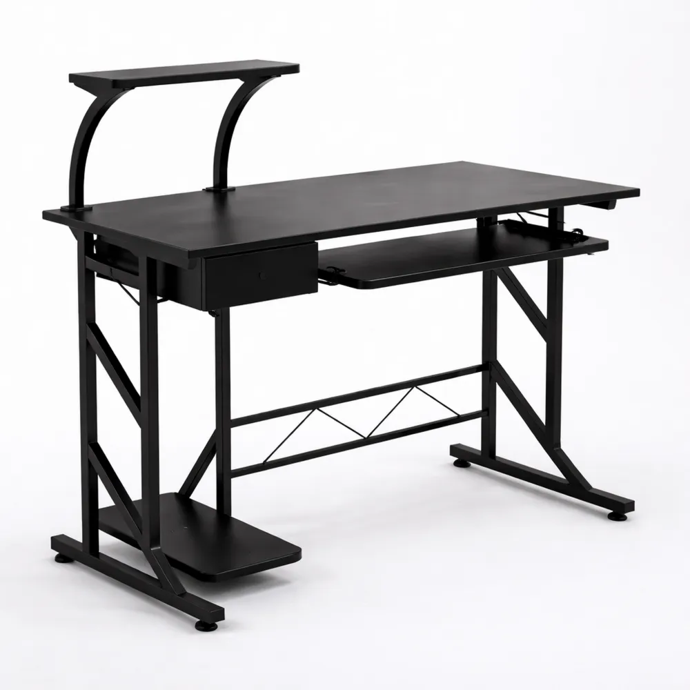 Scrivania Salvaspazio in Acciaio e Legno con Cassetto e Ripiano Tastiera