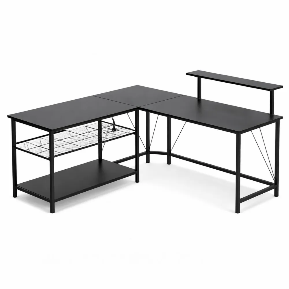 Scrivania Angolare da Gaming con LED e Prese Elettriche, 114.5x82cm, con Supporto Monitor e Ripiani Regolabili