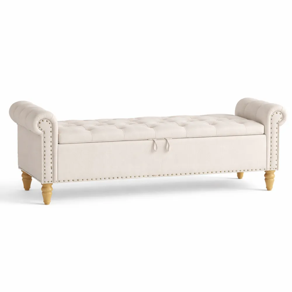 Panca Contenitore per Camera da Letto, Cassapanca Pouf in Lino con Braccioli Arrotolati, 160cm, Beige