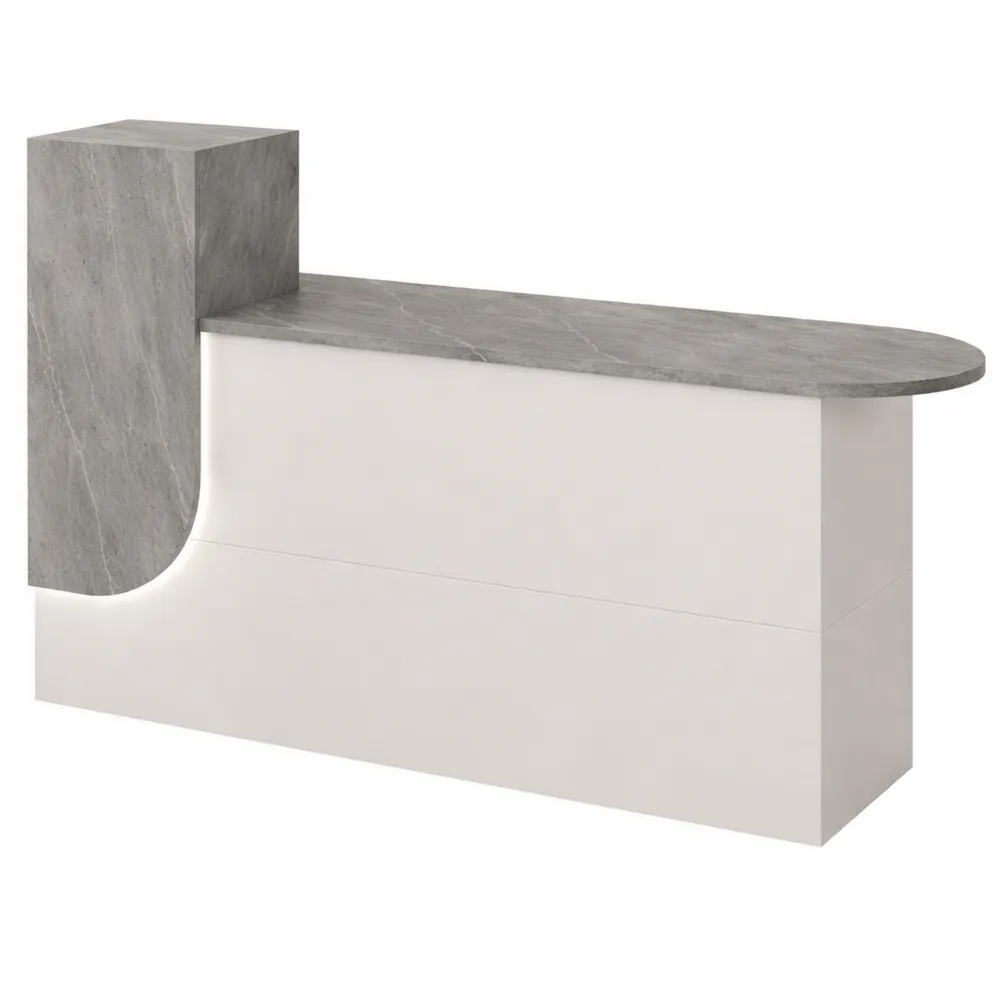 Banco reception moderno con cassetti e ripiani per negozi e hotel