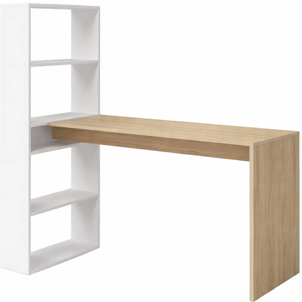 Scrivania con ripiani reversibili e tavolo da lavoro in bianco e rovere