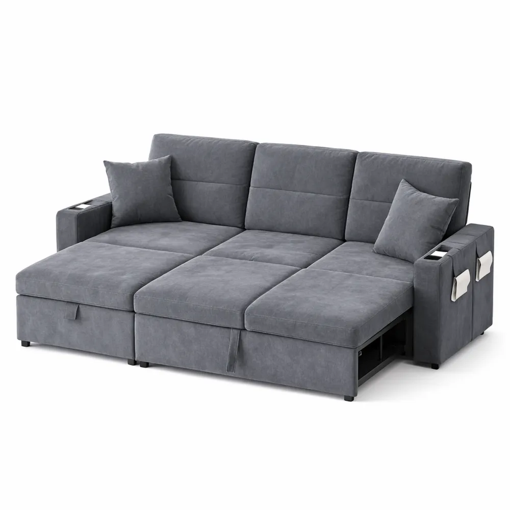 Divano angolare a L con porta USB e chaise longue in velluto a coste