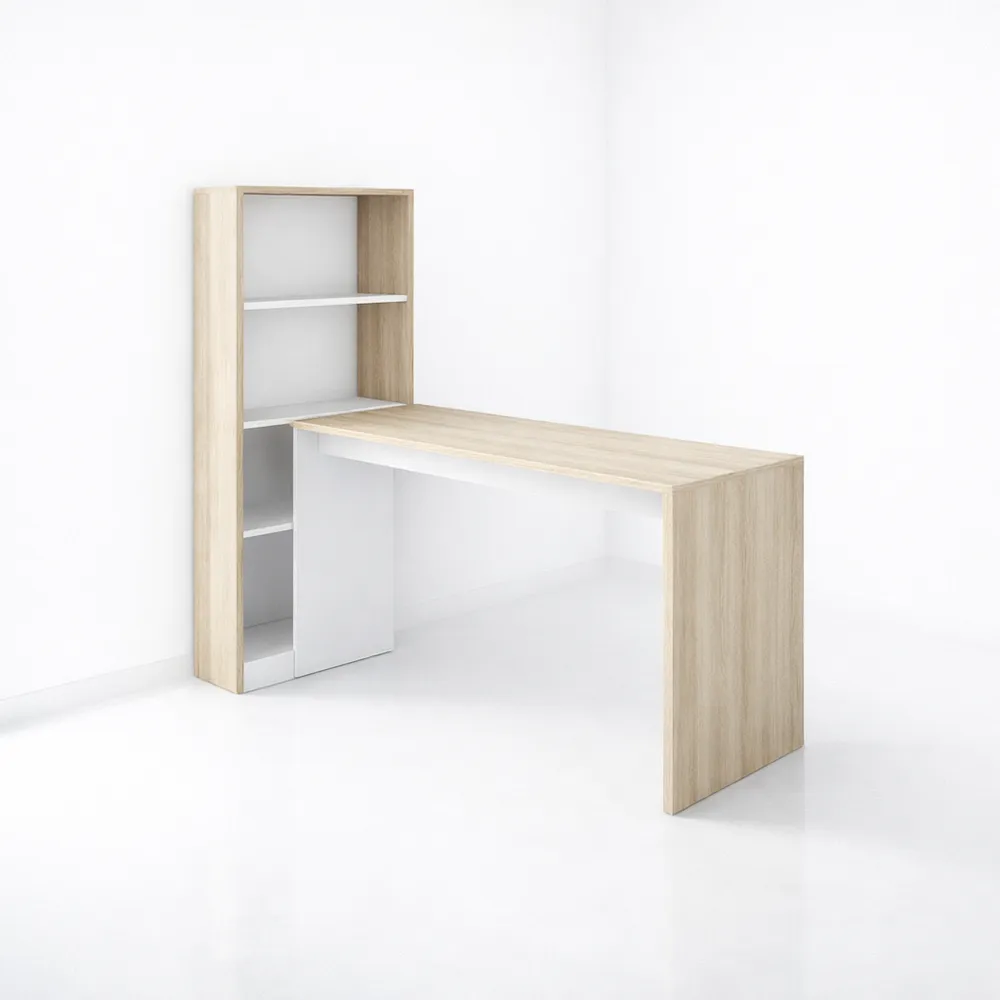 Scrivania lineare con libreria integrata, Tavolo multiuso salvaspazio, 110x52h136 cm, Bianco e Rovere