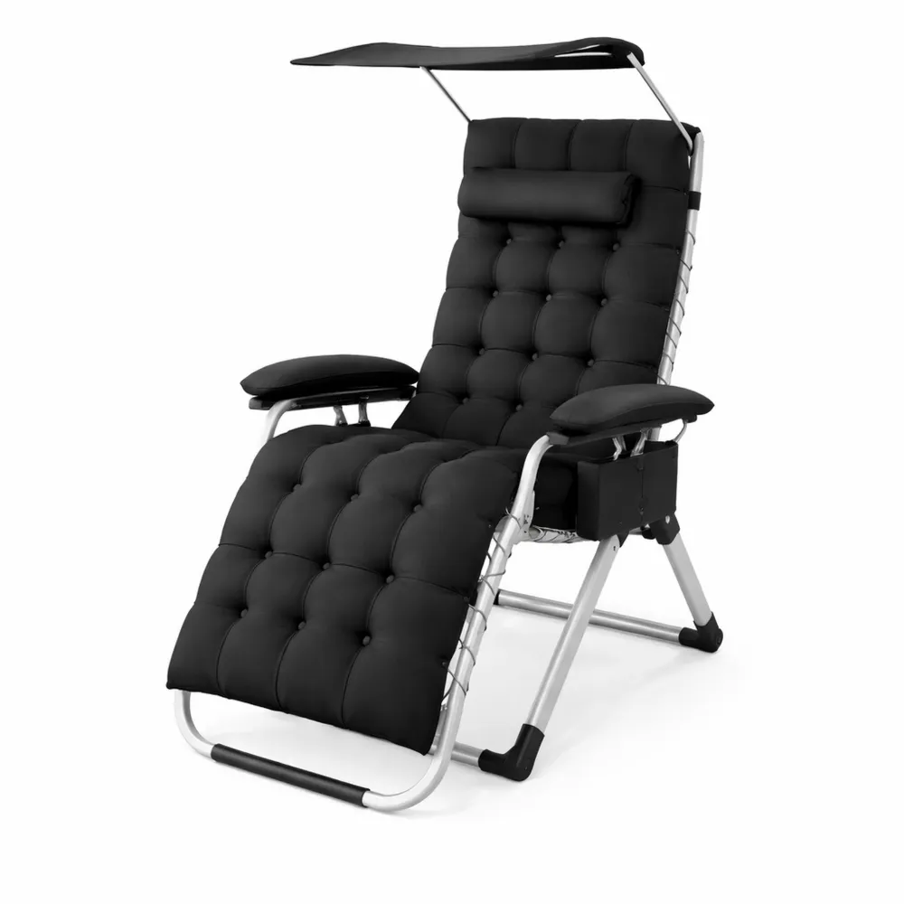 Lettino Prendisole Richiudibile con Parasole e Cuscino Poggiatesta, Tessuto Traspirante, Schienale Regolabile, Ripiano Portaoggetti - Nero