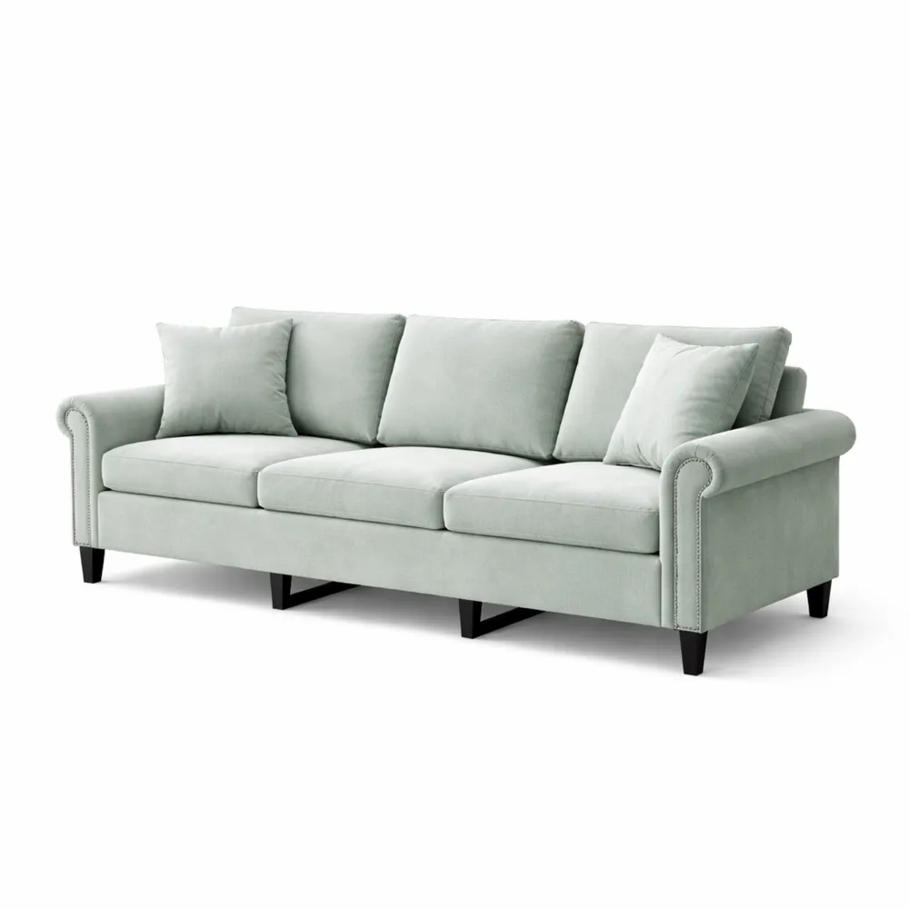 Divano a 3 Posti in Velluto Grigio Chiaro con Cuscini 180 cm