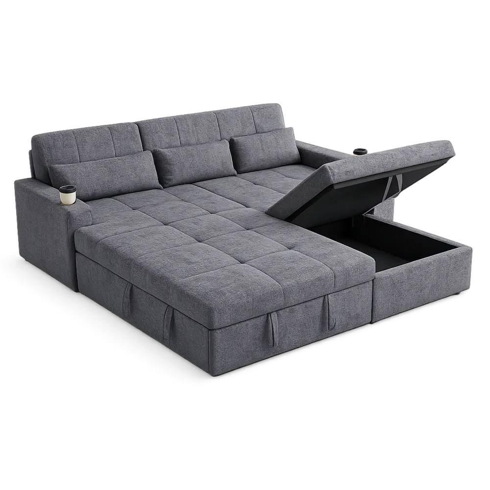 Divano letto angolare moderno con LED, USB, portabevande e cuscini regolabili - Grigio