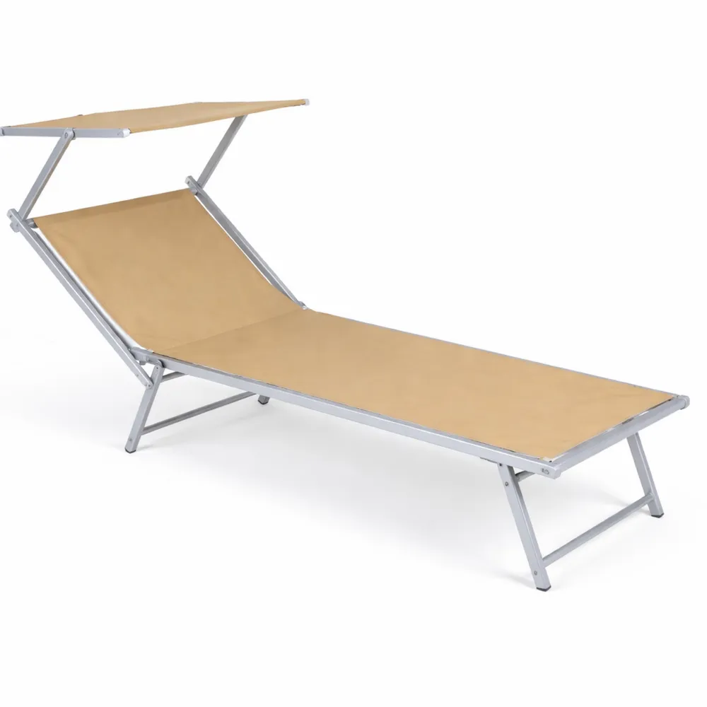 Lettino da spiaggia con parasole in alluminio, tessuto textilene, 186x61x38 cm, color sabbia