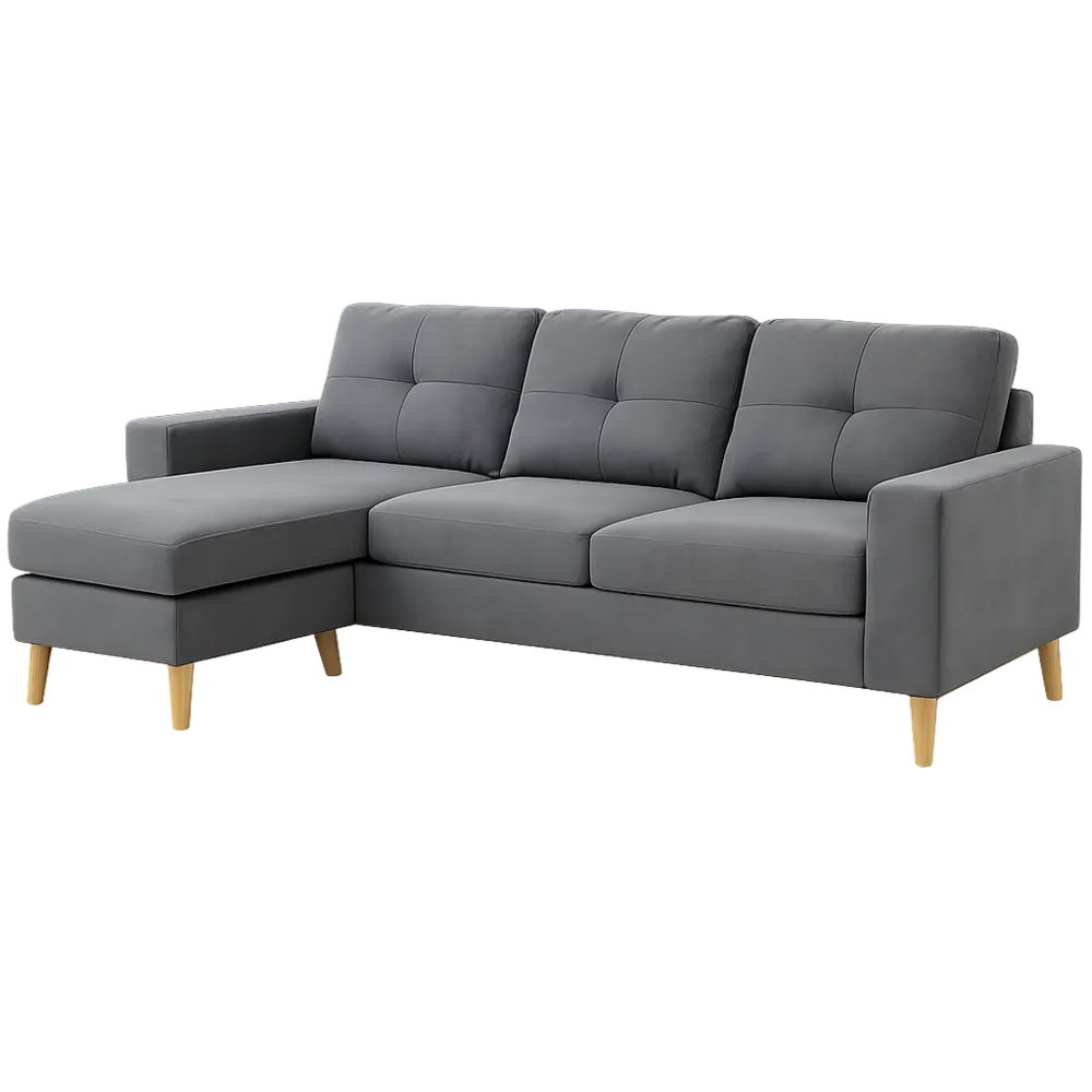 Divano angolare a 3 posti con chaise longue reversibile, design moderno in lino grigio