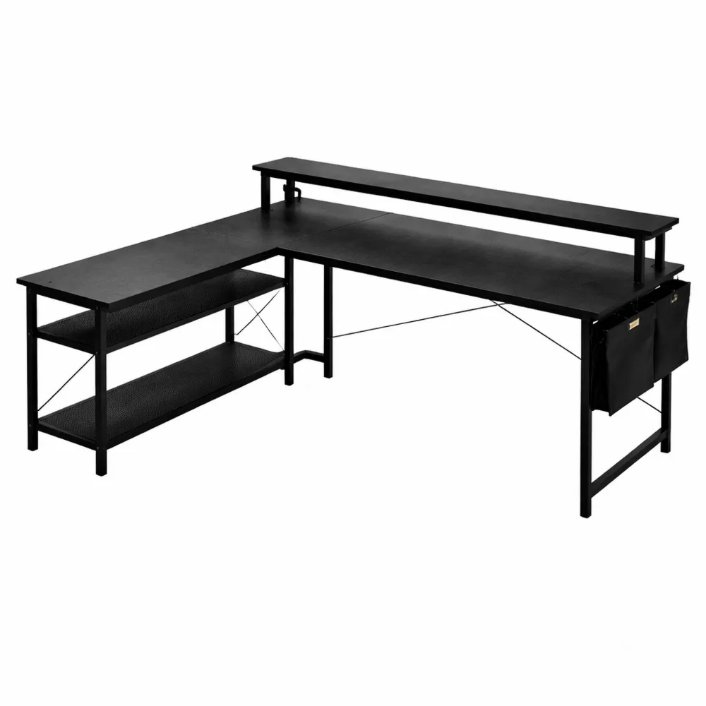 Scrivania ad Angolo Reversibile con Ripiani Portaoggetti, 100x70cm, per Ufficio e Casa, Colore Nero