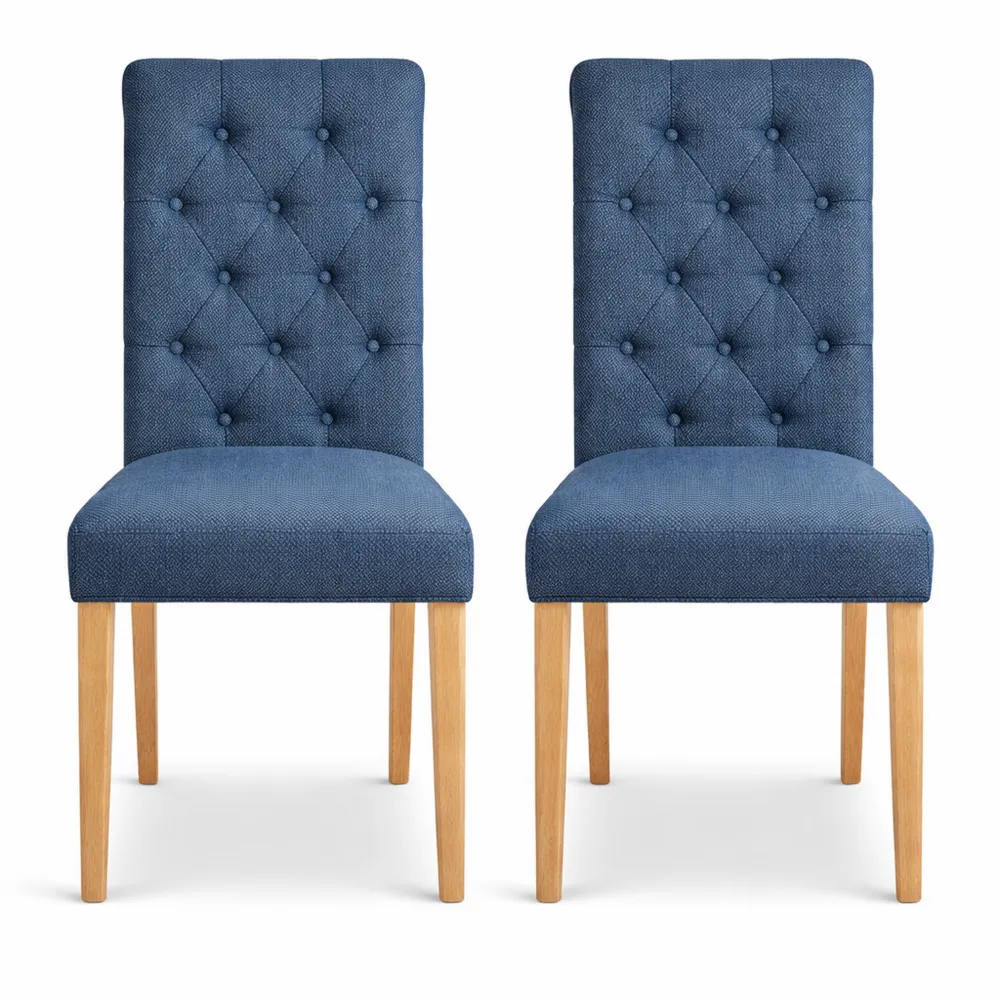 Set di 2 sedie da pranzo imbottite in tessuto, gambe in legno massello, schienale alto, blu