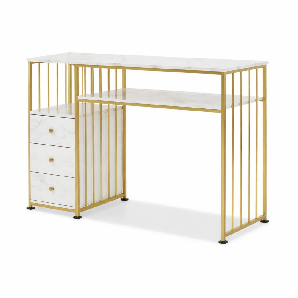 Scrivania moderna con cassetti, toletta in marmo bianco-oro, tavolo multifunzionale
