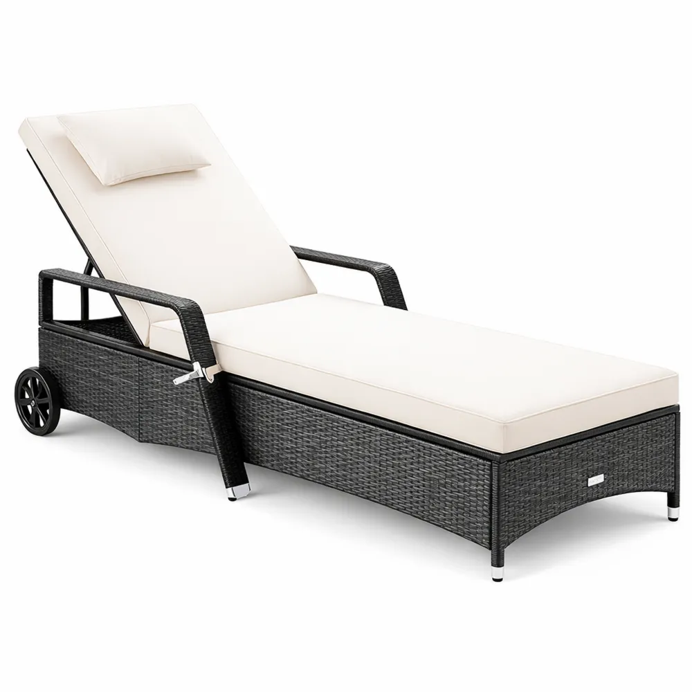 Sdraio da Giardino in Polyrattan con Schienale Regolabile e Cuscino Imbottito