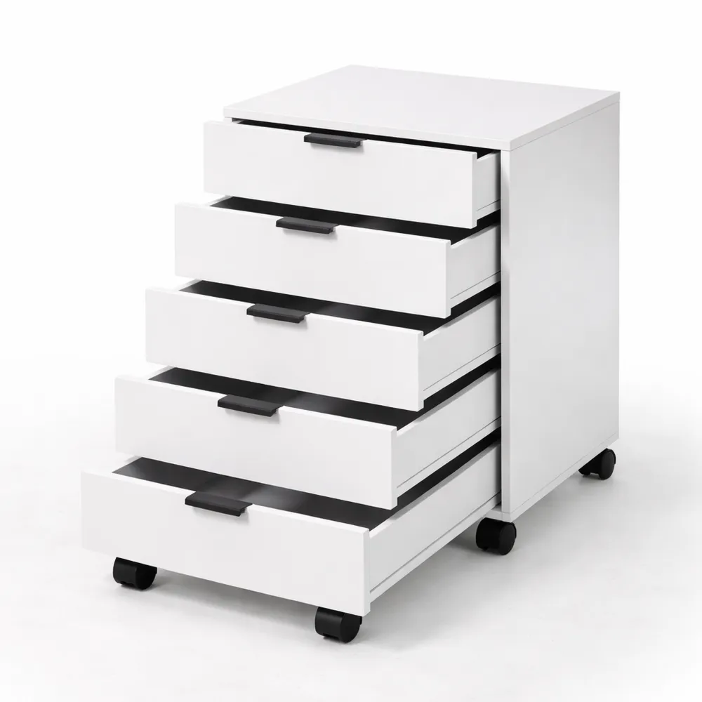 Schedario da Ufficio con 5 Cassetti e Ruote, Archivio per Documenti A4, Armadio Mobile Bianco per Casa e Studio, 40x40x60 cm-Trivensar