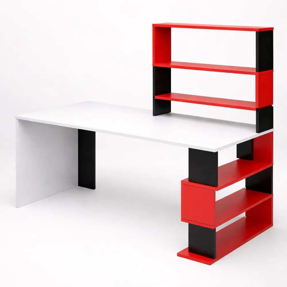 Scrivania moderna con libreria integrata e 7 ripiani, tavolo multifunzione in legno MDF per ufficio o casa, 120 x 60 x 148 cm, colore rosso-Trivensar