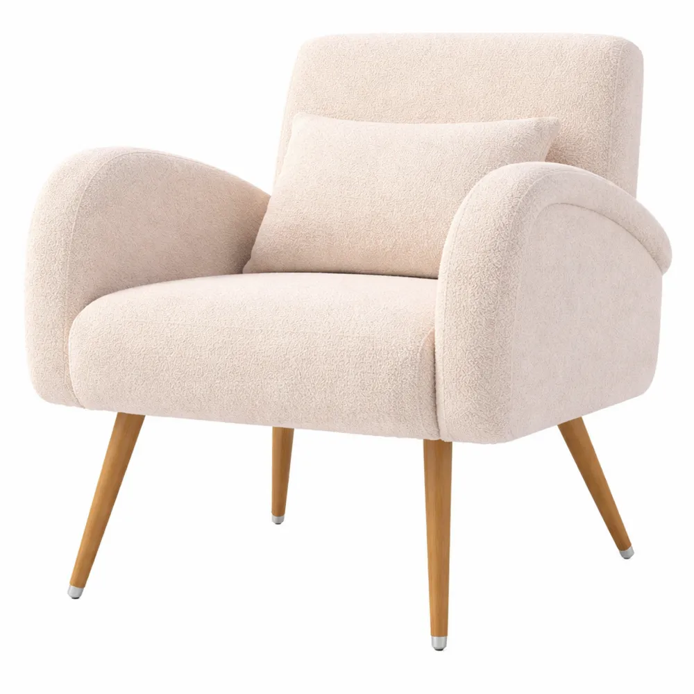 Poltrona Imbottita in Tessuto Teddy con Cuscino Lombare, Gambe Effetto Legno, Beige, 77x77x83 cm-Trivensar