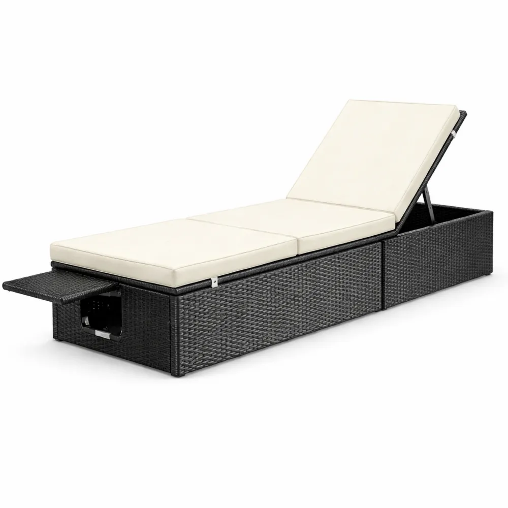 Lettino Prendisole in Polyrattan con Tavolino e Cuscino-Trivensar