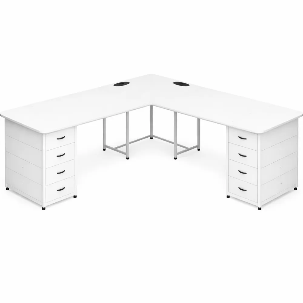 Scrivania Angolare Reversibile con Cassetti e Porta USB, Bianco-Trivensar