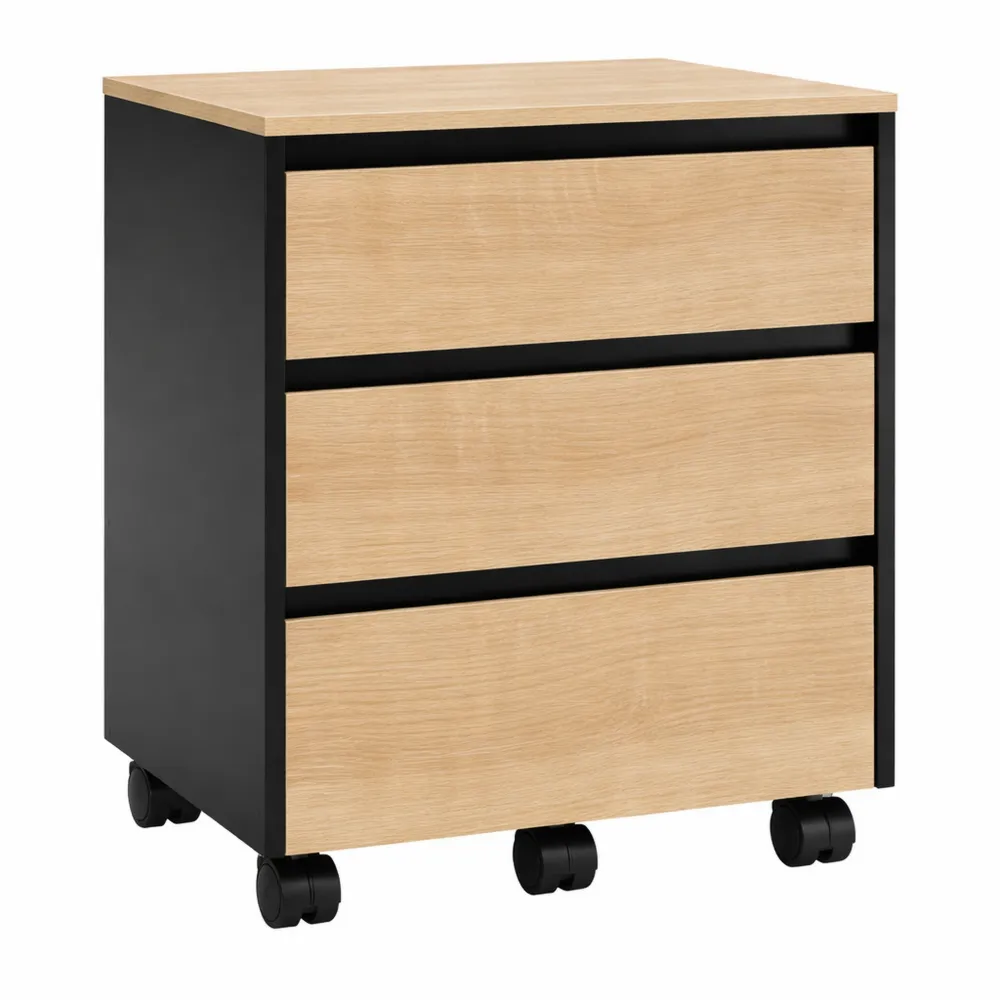Cassettiera da Ufficio con 3 Cassetti e Ruote, Legno Rovere Chiaro e Nero 40x40x70cm-Novarvexil