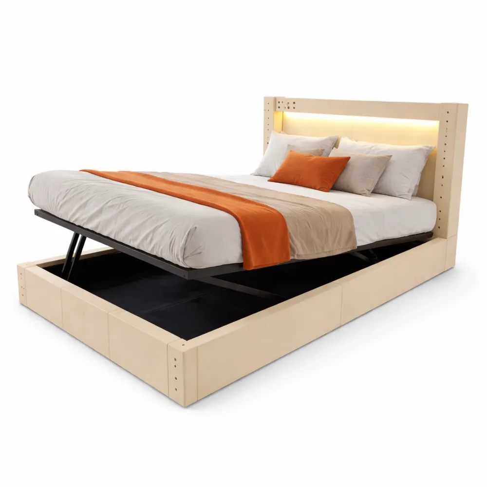 Letto Singolo con USB-C e Luce LED, Struttura con Contenitore Idraulico e Testiera, Rete a Doghe in Legno e Telaio in Metallo, Colore Beige-Novarvexil