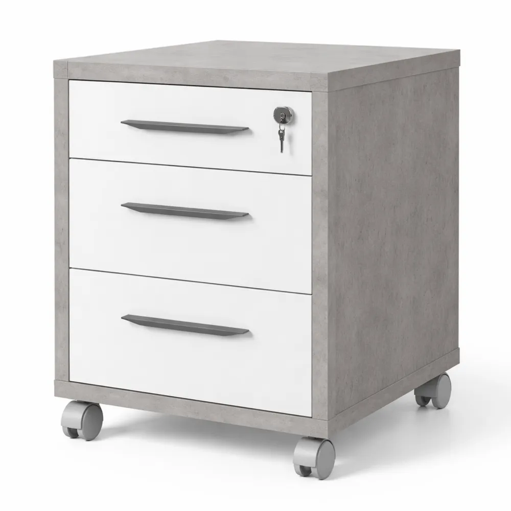 Cassettiera con 3 Cassetti e Ruote, per Ufficio, Colore Cemento e Bianco-Novarvexil
