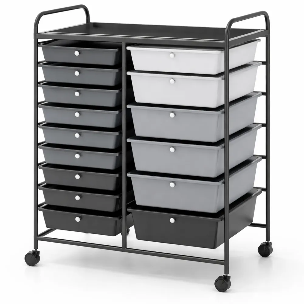 Carrello Portaoggetti con 15 Cassetti, Comodino con 4 Ruote, Salvaspazio Multiuso per Casa e Ufficio, Nero e Grigio-Novarvexil