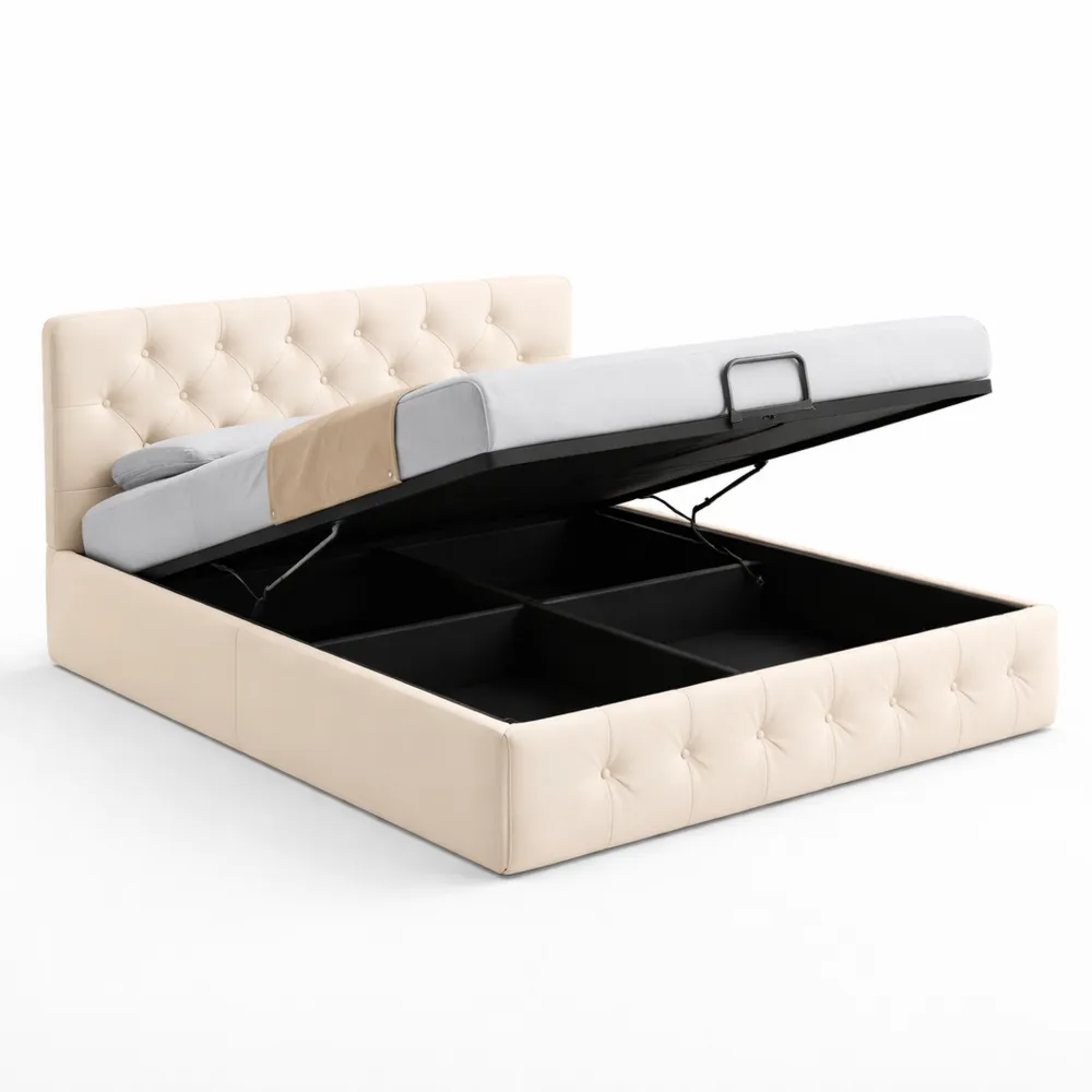 Letto matrimoniale con contenitore idraulico e testiera regolabile, 160 x 200 cm, senza materasso, colore beige-Novarvexil