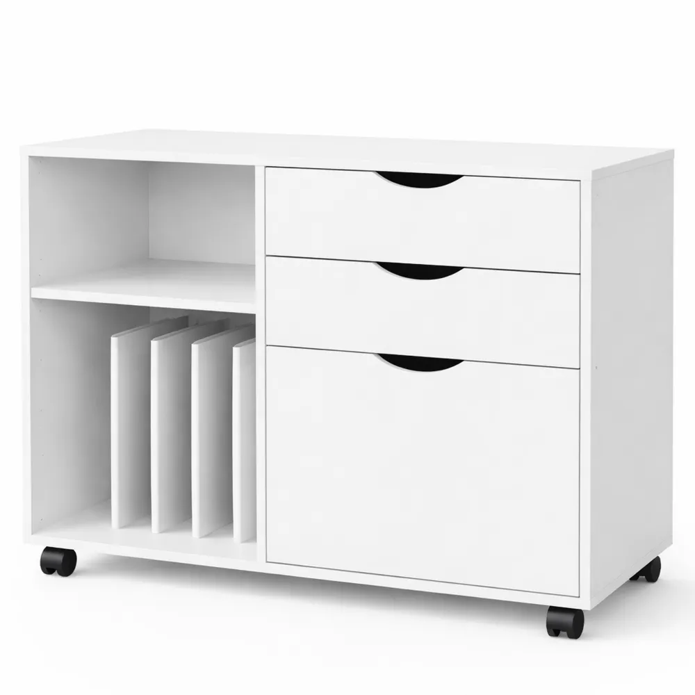 Mobiletto ufficio con 3 cassetti e 2 ripiani aperti, cassettiera su ruote per documenti A4, 80x39,5x69,5 cm, bianco-Novarvexil