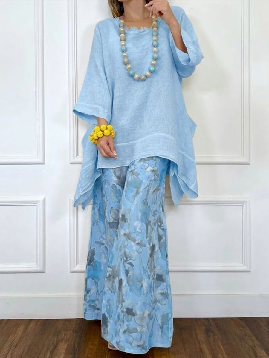 Loose-fit Casual Linen & Cotton Top And Floral-print Pants Two-piece Set