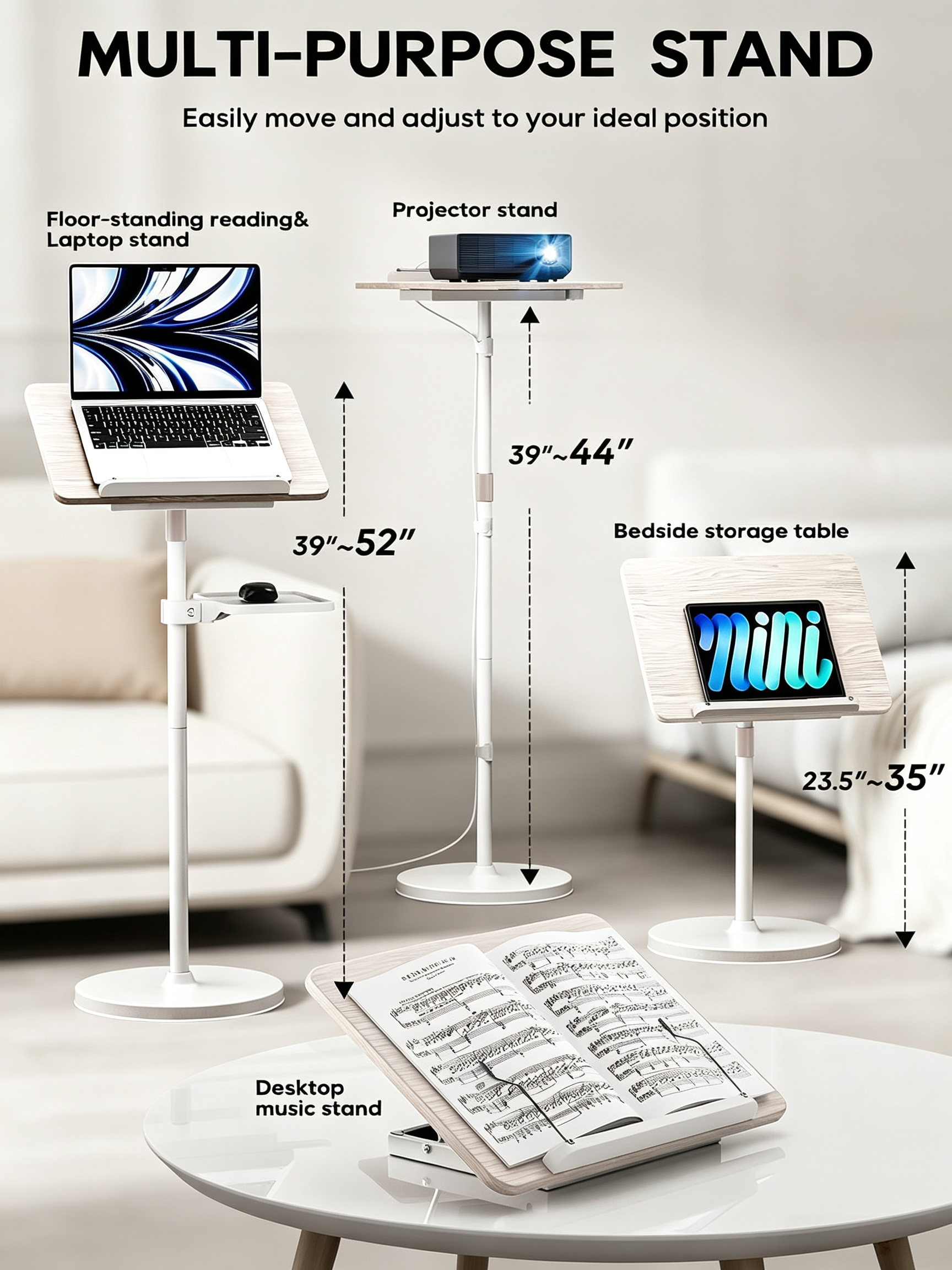 Adjustable Book Stand with Floor & Desktop Modes, Height Adjustment & Multi-Purpose Reading Support